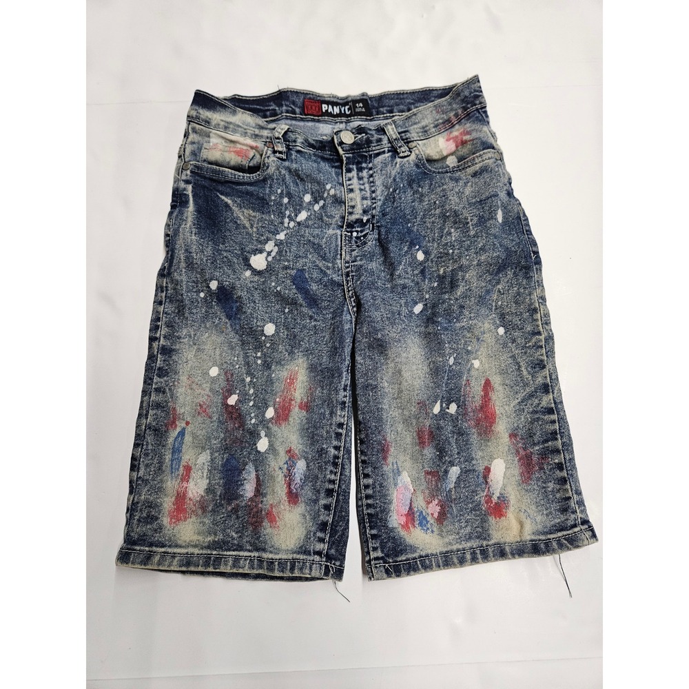 PANYC Classic Fresh Boys Paint Splatter Acid Wash Denim Shorts Blue Size 14